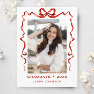 Trendy Red Bow Ribbon PHOTO Graduation Party Postcard