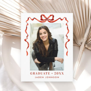 Trendy Red Bow Ribbon PHOTO Graduation Party Postcard