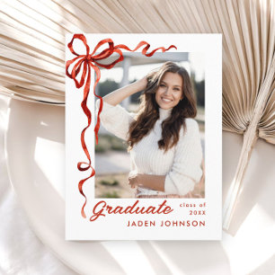 Trendy Red Bow Ribbon PHOTO Graduation Party Postcard