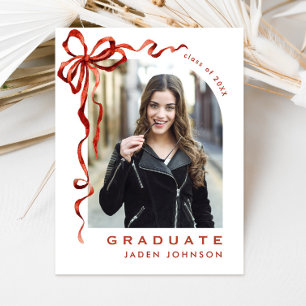 Trendy Red Bow Ribbon PHOTO Graduation Party Postcard