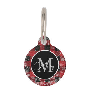 Trendy Red Buffalo Plaid Snowflakes Monogram Name  Pet Tag