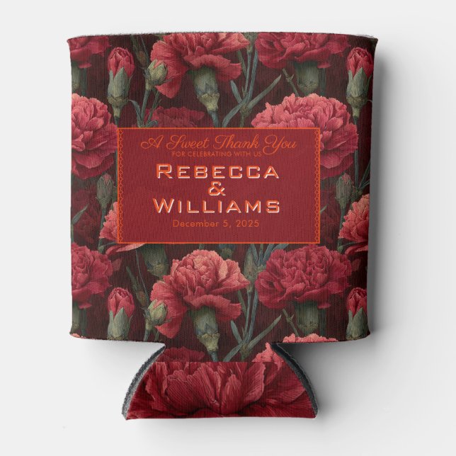 Trendy Red Carnation Flower Greenery Wedding Can Cooler (Front)