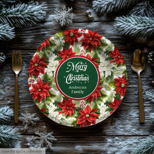Trendy Red Christmas Flowers Custom Paper Plates 