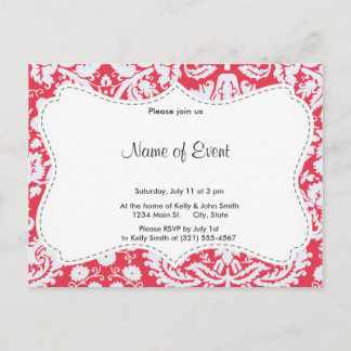 Trendy Red Damask Pattern Invitation Postcard