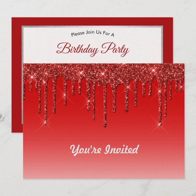 Trendy Red Glitter Drips Birthday Invitation (Front/Back)