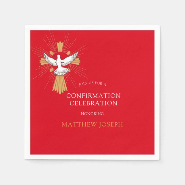 Trendy Red Gold Cross White Dove Confirmation Napkin (Front)