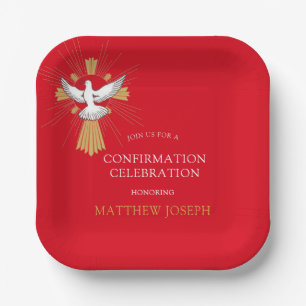 Trendy Red Gold Cross White Dove Confirmation Paper Plate