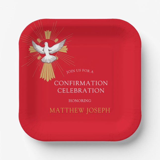 Trendy Red Gold Cross White Dove Confirmation Paper Plate (Front)
