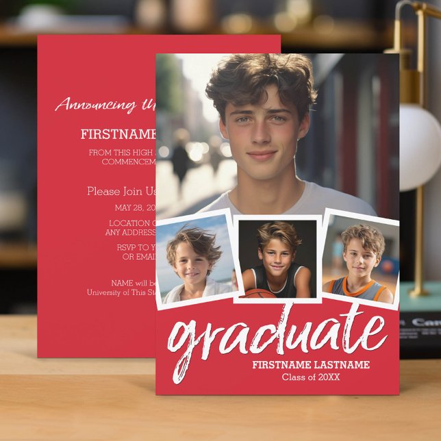 Trendy Red Graduation Announcement Party 4 Photo (Classic Graduation Announcement and Party Invitation with 4 Photos)