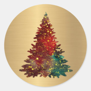 Trendy Red Green Watercolor Tree Gold Christmas Classic Round Sticker