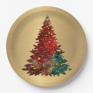 Trendy Red Green Watercolor Tree Gold Christmas Paper Plate