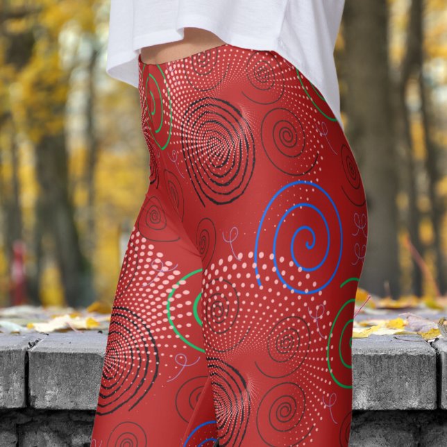 Trendy Red Hypnotic Swirls Pattern Leggings (Hypnotic Swirls on Carnelian Red)
