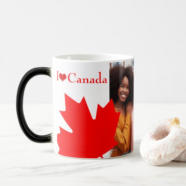 Trendy Red Maple Leaves I Love Canada Photo Magic Mug (With Donut)
