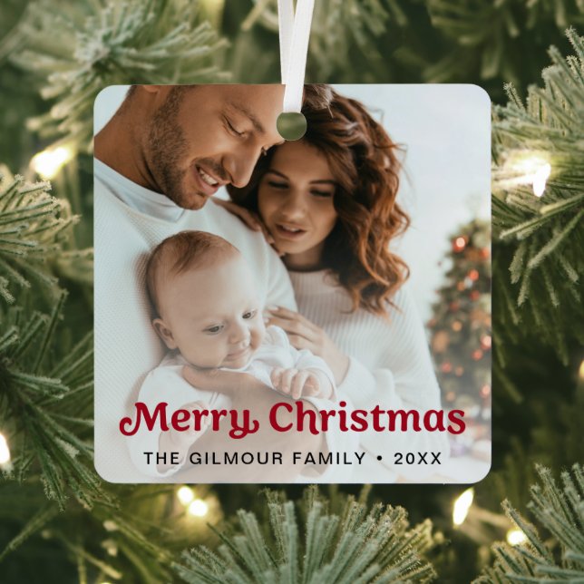 Trendy RED Merry Christmas Family Photo Metal Tree Decoration (Insitu)
