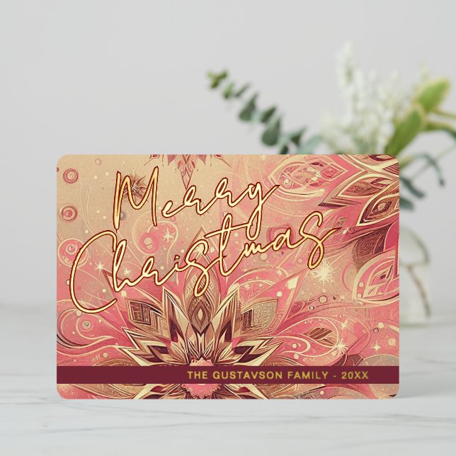 Trendy Red Pink Abstract Snowflake Floral Art Gold Foil Holiday Card (Standing Front)