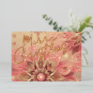 Trendy Red Pink Abstract Snowflake Floral Art Gold Foil Holiday Card