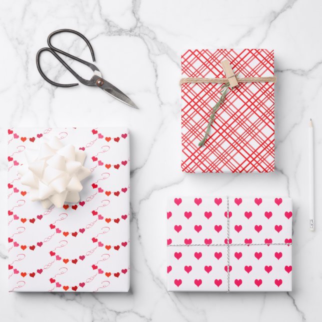 Trendy Red, Pink and White Valentine Patterns Wrapping Paper Sheet (Front)