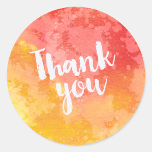 Trendy Red Pink and Yellow Watercolor Thank You Classic Round Sticker