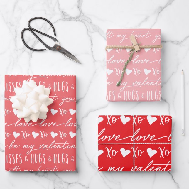 Trendy Red & Pink Calligraphy Be My Valentine Wrapping Paper Sheet (Front)