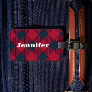 Trendy red plaid luggage tag   personalised