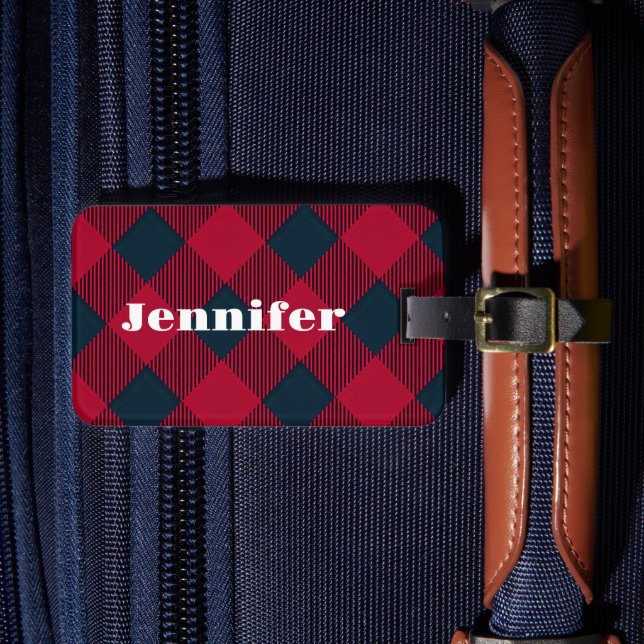 Trendy red plaid luggage tag | personalised (Front Insitu 4)