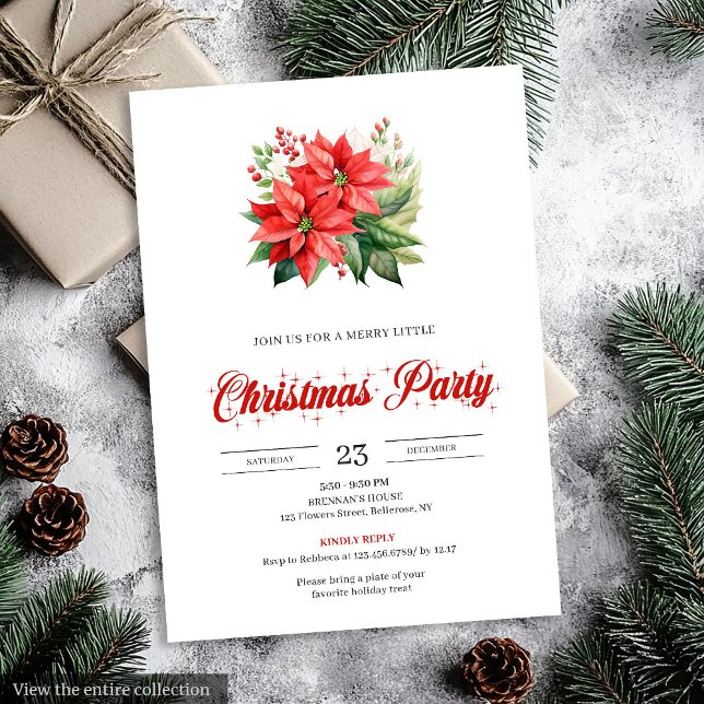 Trendy Red Poinsettia Holiday Party Christmas   Invitation (Trendy Red Poinsettia Holiday Party Christmas Invitation)