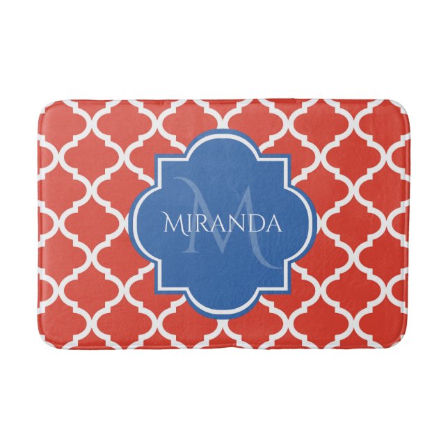 Trendy Red Quatrefoil Blue Monogram and Name Bath Mat (Front)