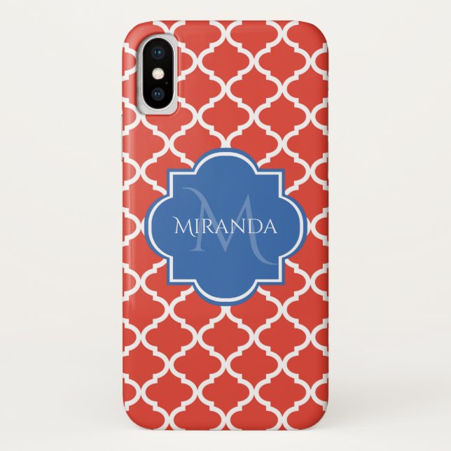 Trendy Red Quatrefoil Blue Monogram and Name Case-Mate iPhone Case (Back)