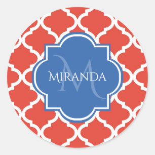 Trendy Red Quatrefoil Blue Monogram and Name Classic Round Sticker