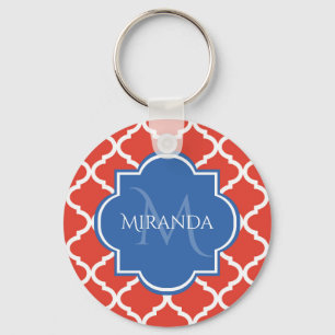 Trendy Red Quatrefoil Blue Monogram and Name Key Ring