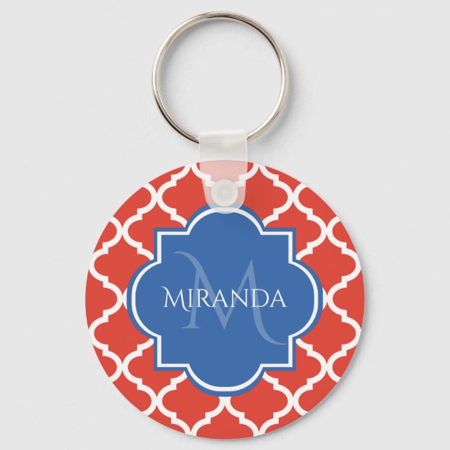 Trendy Red Quatrefoil Blue Monogram and Name Key Ring (Front)