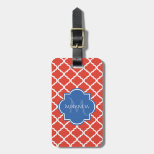 Trendy Red Quatrefoil Blue Monogram and Name Luggage Tag