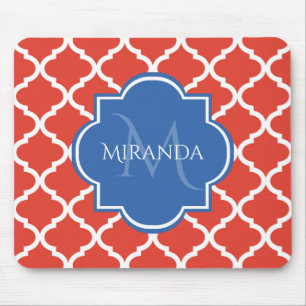 Trendy Red Quatrefoil Blue Monogram and Name Mouse Mat