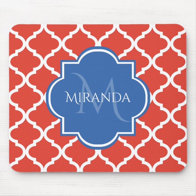 Trendy Red Quatrefoil Blue Monogram and Name Mouse Mat (Front)