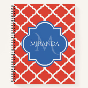 Trendy Red Quatrefoil Blue Monogram and Name Notebook