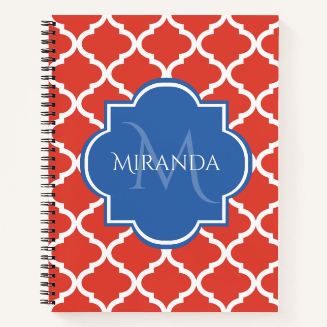 Trendy Red Quatrefoil Blue Monogram and Name Notebook (Front)