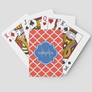 Trendy Red Quatrefoil Blue Monogram and Name Playing Cards