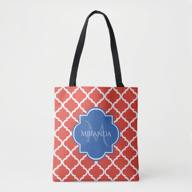 Trendy Red Quatrefoil Blue Monogram and Name Tote Bag (Front)