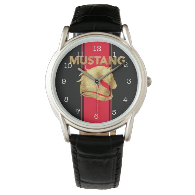 Trendy Red Racing Stripes Gold Mustang Watch (Front)