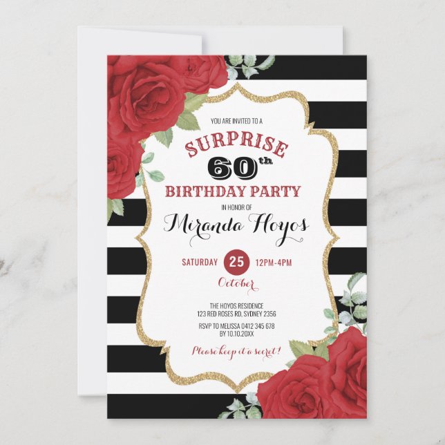 Trendy Red Roses 60th Surprise Birthday Invitation (Front)