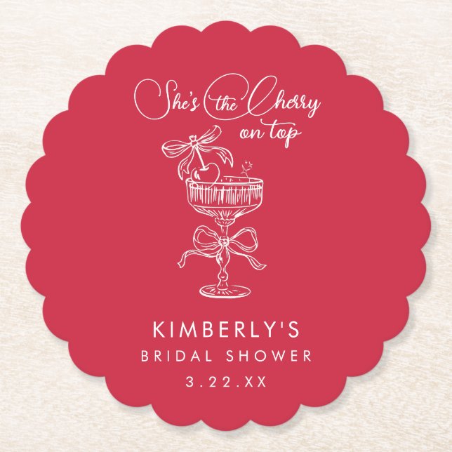 Trendy Red She's The Cherry On Top Bridal Shower Paper Coaster (Front)