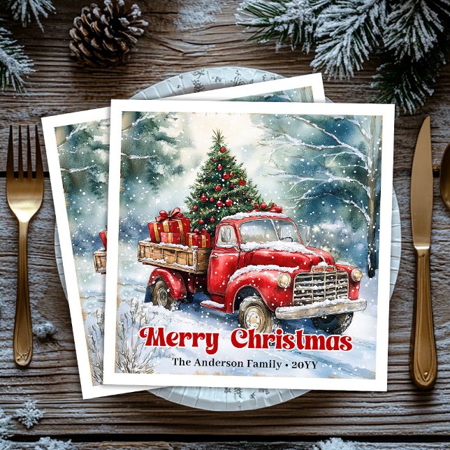 Trendy red truck Christmas scene rustic table  Napkin (Trendy red truck Christmas scene rustic table Paper Dinner Napkins)