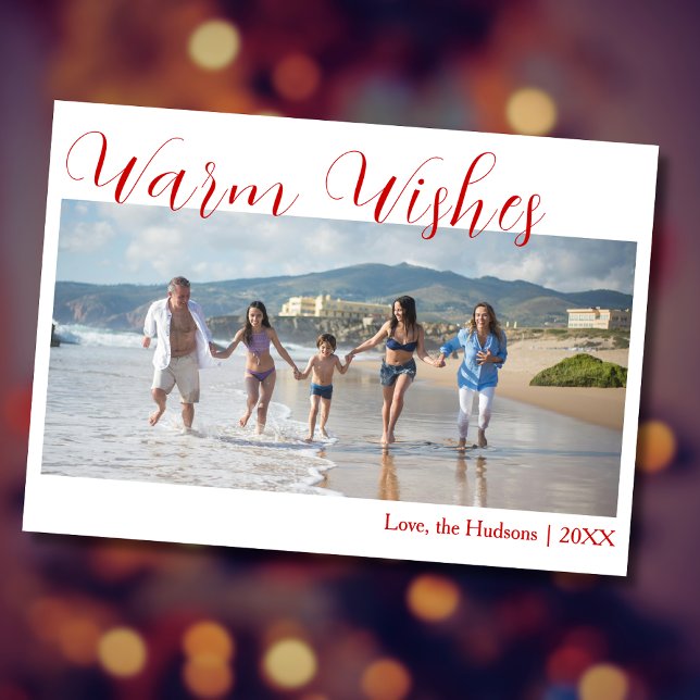 Trendy Red Warm Wishes Two Beach Family Photo  Holiday Card (Creator Uploaded)