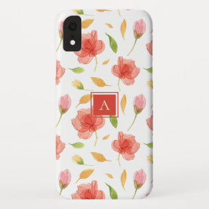 Trendy Red Watercolor Floral Pattern Monogram iPhone XR Case