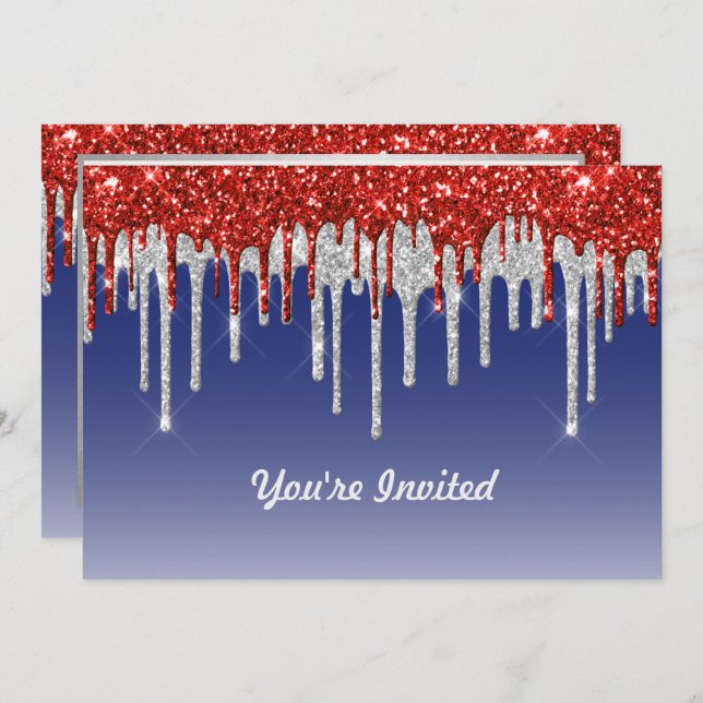 Trendy Red White and Blue Glitter Drips Birthday Invitation (Front/Back)