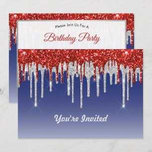 Trendy Red White and Blue Glitter Drips Birthday Invitation
