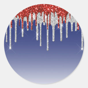 Trendy Red White and Blue Glitter Drips Classic Round Sticker
