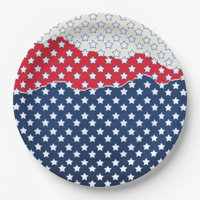 Trendy Red White & Blue Stars America Flag Pattern Paper Plate (Front)