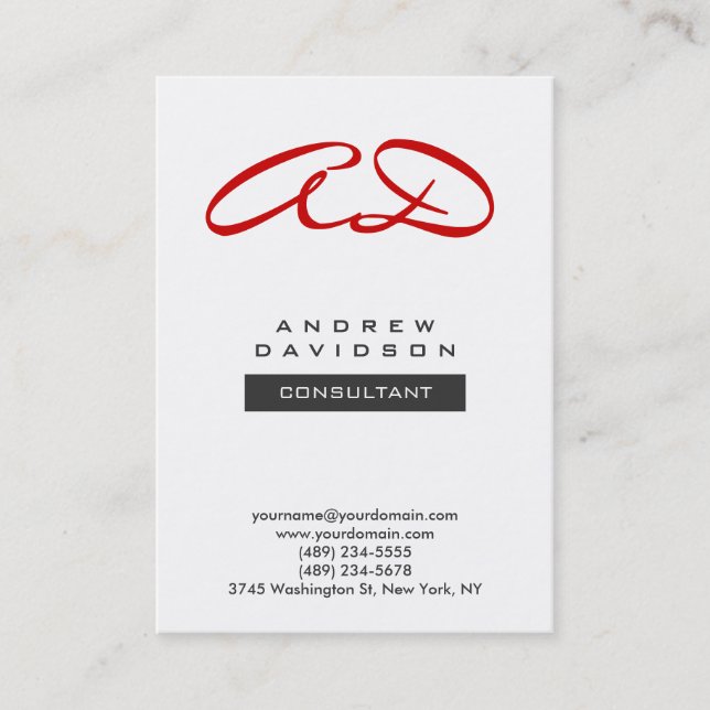 Trendy Red White Modern Monogram Business Card (Front)