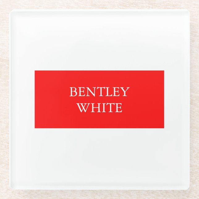 Trendy Red White Stylish Simple Plain Your Name Glass Coaster (Front)